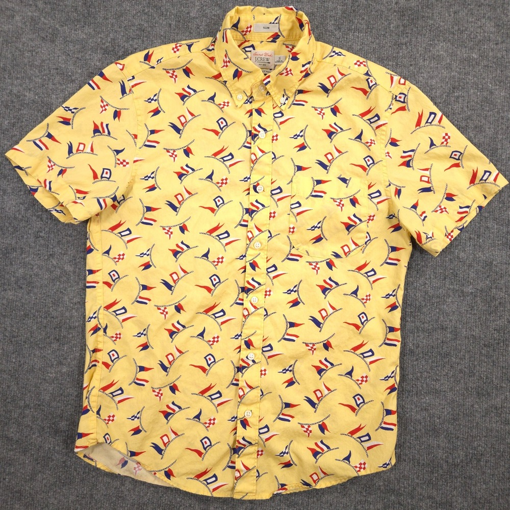 J Crew Shirt Mens S Yellow Nautical Flag AOP Secret Wash Slim Fit Short Sleeve - Picture 2 of 9